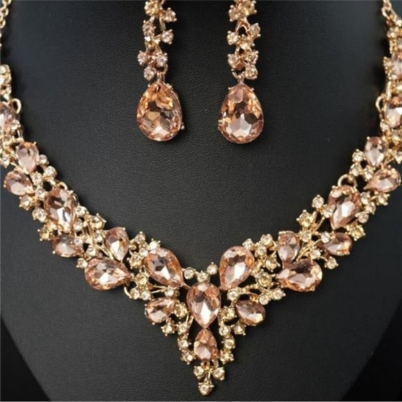 Rose Gold Necklace Earrings Bracelet Set Crystal Rhinestones Bridal Party Prom - Picture 2 of 2